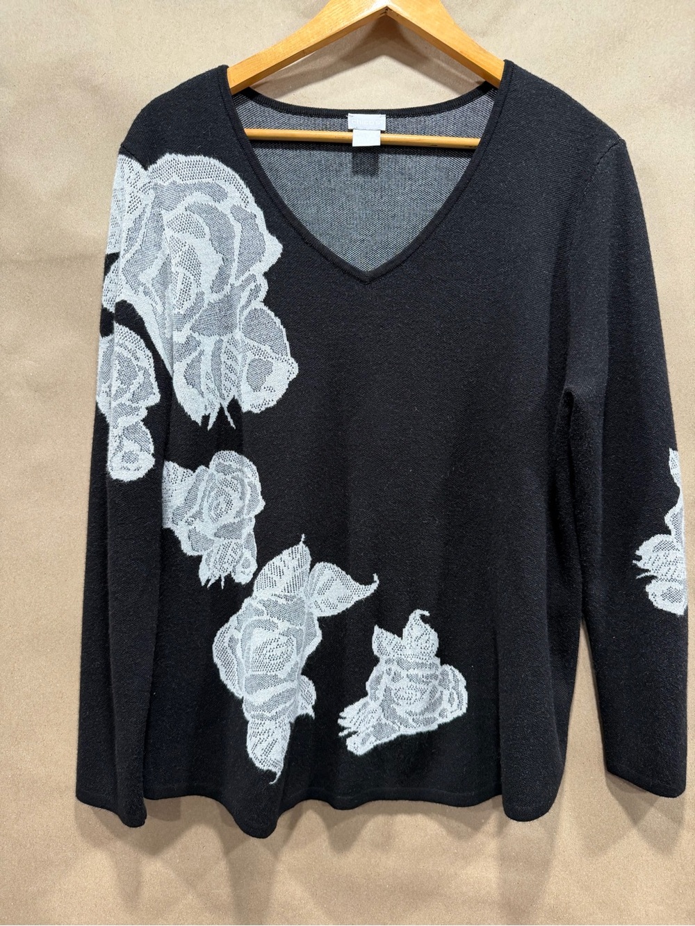 Chico's Black V-Neck Sweater with White Floral Accents